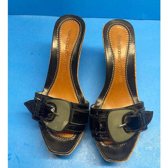 Francesco Morichetti Cork Wedge Black Leather Sandals Size 38 US 6 6.5 - Picture 8 of 12